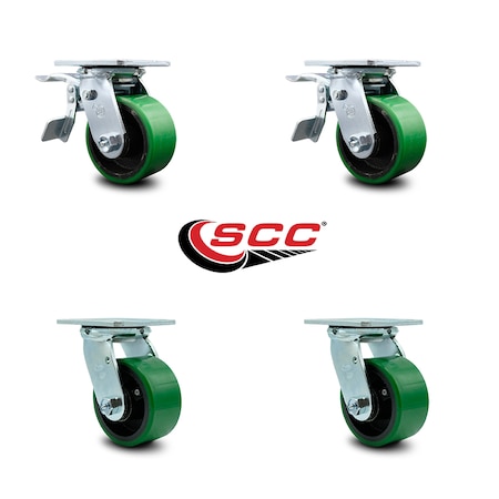 Service Caster 4 Inch Green Poly on Steel Caster Set with Ball Bearing 2 Total Lock Brake SCC SCC-TTL30S420-PUB-GB-2-S-2